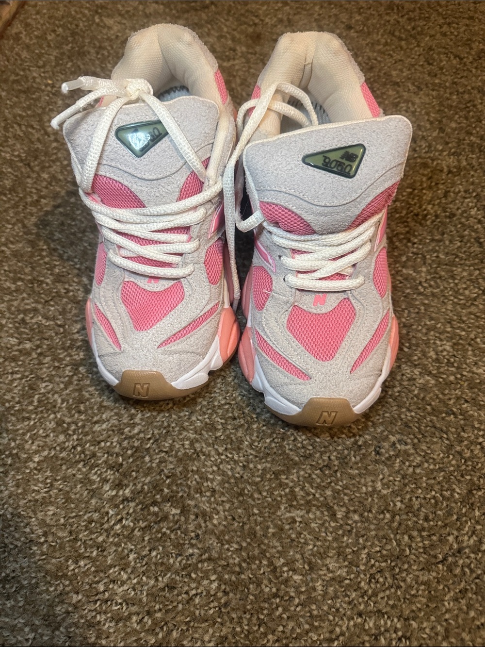 New Balance Kids Pink and White Sneakers with Tan Accents